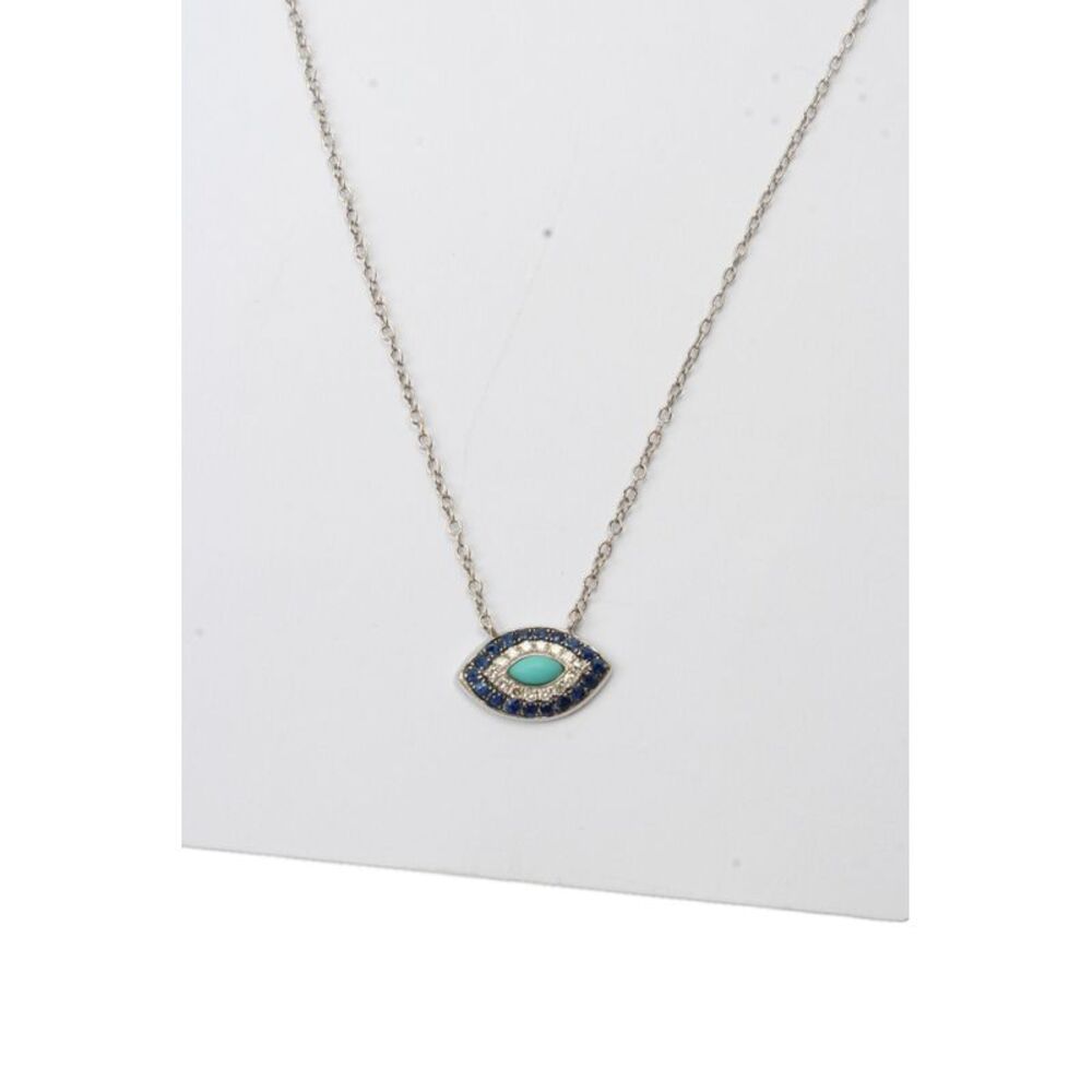 Designer Womens 14K White Gold Multistone Evil Eye Pendant Necklace 18" 1.7g